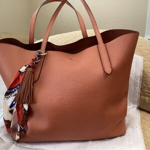 Vintage Coach Brown Leather Tote with Scarf Accent